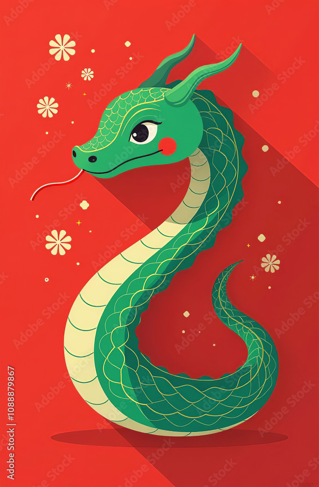 Fototapeta premium New Year 2025 symbol, snake on postcard, Christmas card. AI-generated