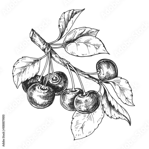 Sketch ink graphic cherry on branch illustration, draft silhouette drawing, black on white line art. Botanical vintage etching food design.