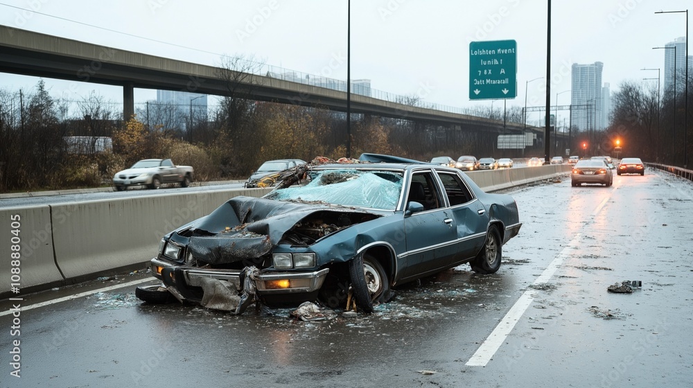 Damaged car on a wet highway after an accident with traffic and overpass in background on a rainy day Damaged car on a wet highway after an accident with traffic and overpass in background on a rainy day