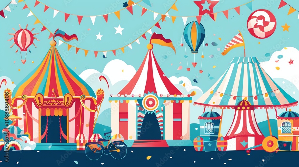 A cartoon illustration of a carnival with colorful tents and hot air balloons. A cartoon illustration of a carnival with colorful tents and hot air balloons.