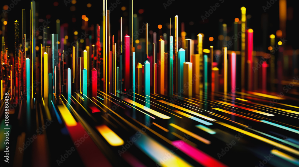 Abstract black background with 3D Colorful charts and graphs with statistics to innovative analyze business potential and forecast future development of companies growth. Abstract black background with 3D Colorful charts and graphs with statistics to innovative analyze business potential and forecast future development of companies growth.