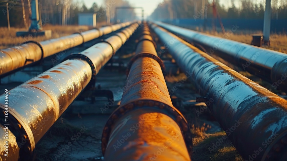 A row of rusted pipelines in an open field, aged and isolated, bathed in a golden light. The scene evokes a serene and melancholic atmosphere. A row of rusted pipelines in an open field, aged and isolated, bathed in a golden light. The scene evokes a serene and melancholic atmosphere.