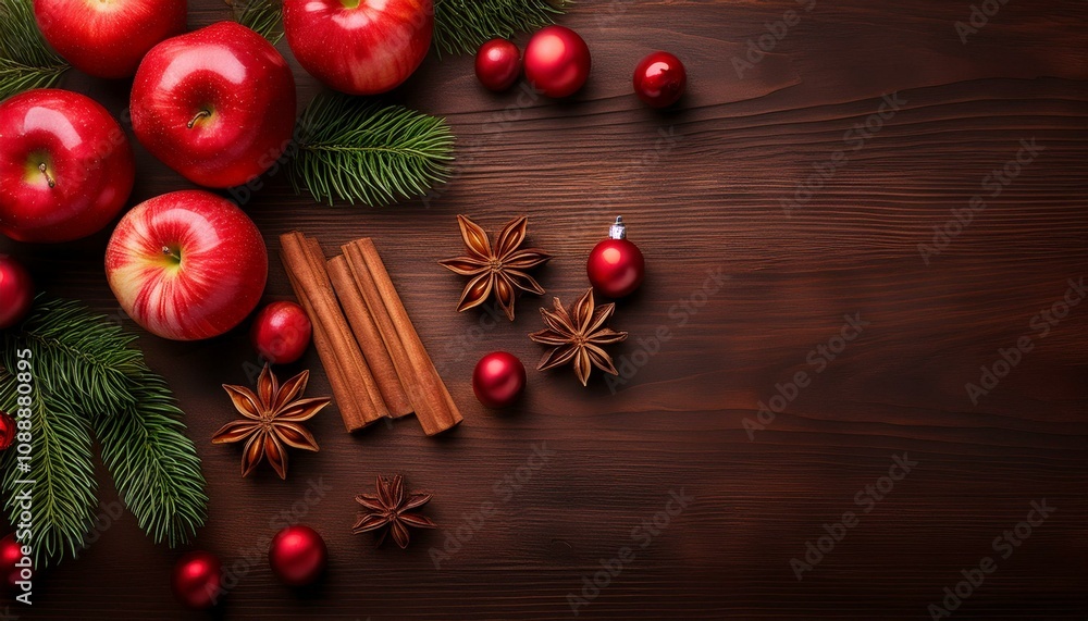 Top view of red apples, cinnamon and star anise spice, and red Christmas ornaments, pine branches on wooden table Top view of red apples, cinnamon and star anise spice, and red Christmas ornaments, pine branches on wooden table