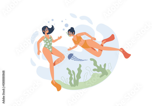 Two women swimming underwater with snorkeling gear and colorful swimwear. One is pointing at a jellyfish while the other is enjoying the view. Vector illustration