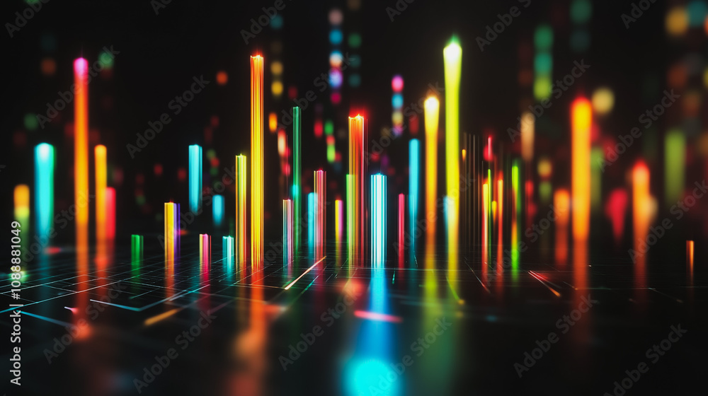 Abstract black background with 3D Colorful charts and graphs with statistics to innovative analyze business potential and forecast future development of companies growth. Abstract black background with 3D Colorful charts and graphs with statistics to innovative analyze business potential and forecast future development of companies growth.