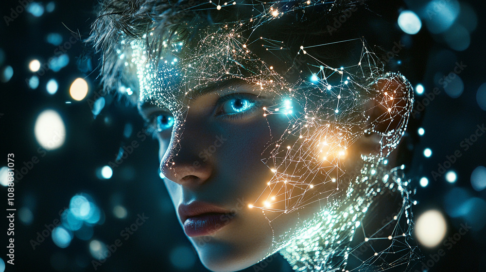 Unique illustration of a futuristic human face with glowing connections and bright blue eyes Unique illustration of a futuristic human face with glowing connections and bright blue eyes