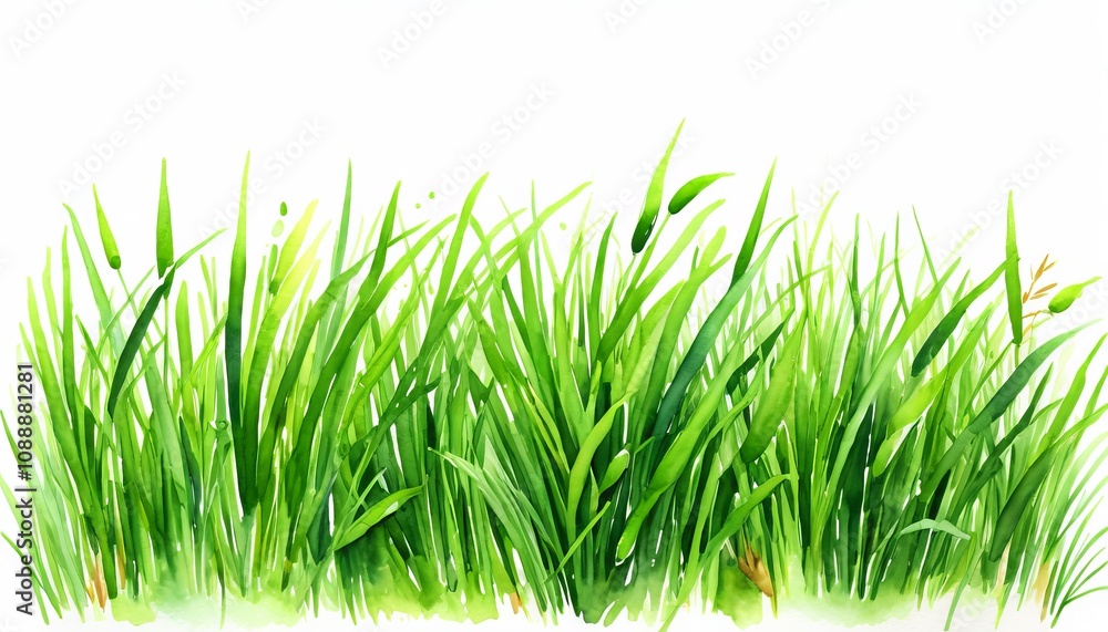 Obraz premium Lush green grass border with watercolor effect on white background