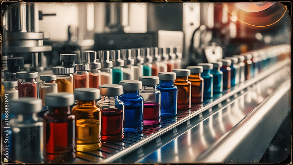 Close-Up View of Vials or Vessel Filling on a Pharmaceutical Production Line for Precision Medicine Packaging Close-Up View of Vials or Vessel Filling on a Pharmaceutical Production Line for Precision Medicine Packaging