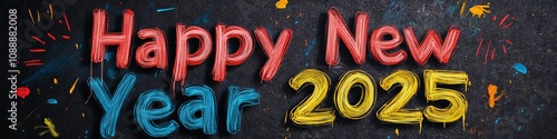 Happy New Year 2025! Celebrate the new year with colorful hand-drawn lettering on a dark background. photo