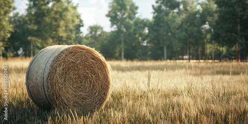 Bale siana, z wyraźną strukturą suchych źdźbeł, wprowadzają atmosferę naturalności i tradycyjnego wiejskiego uroku. photo