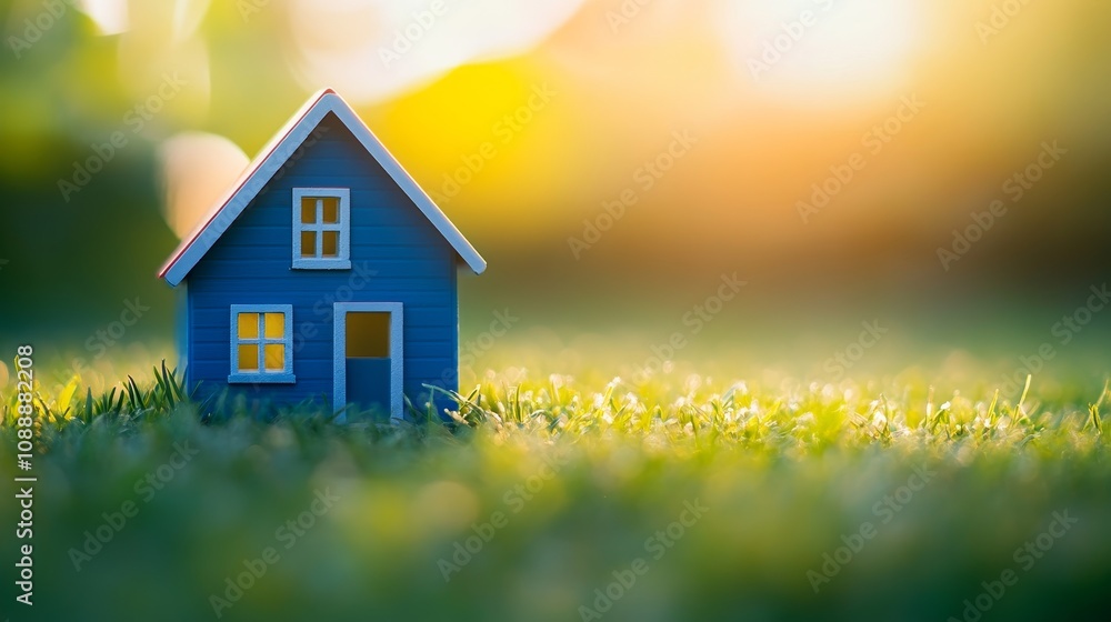 A small blue house model placed on grass, illuminated by warm sunlight, symbolizing home and comfort. A small blue house model placed on grass, illuminated by warm sunlight, symbolizing home and comfort.