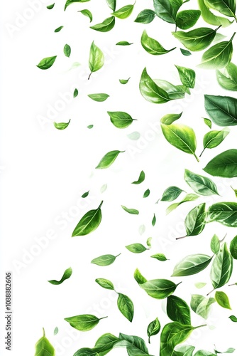 Green flying leaves on long white banner. Leaf falling. Wave foliage ornament. Vegan, eco, organic design element.