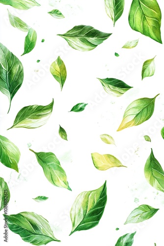 Green flying leaves on long white banner. Leaf falling. Wave foliage ornament. Vegan, eco, organic design element.