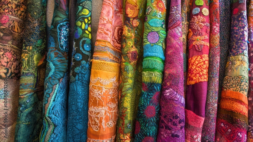Textile arts, showcasing diverse fabric arts from embroidery to fabric dyeing Textile arts, showcasing diverse fabric arts from embroidery to fabric dyeing
