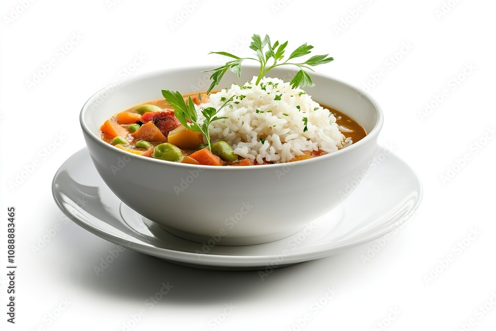 Healthy vegetable soup with rice in a white bowl with saucer. Side view isolated on a white background. Healthy vegetable soup with rice in a white bowl with saucer. Side view isolated on a white background.
