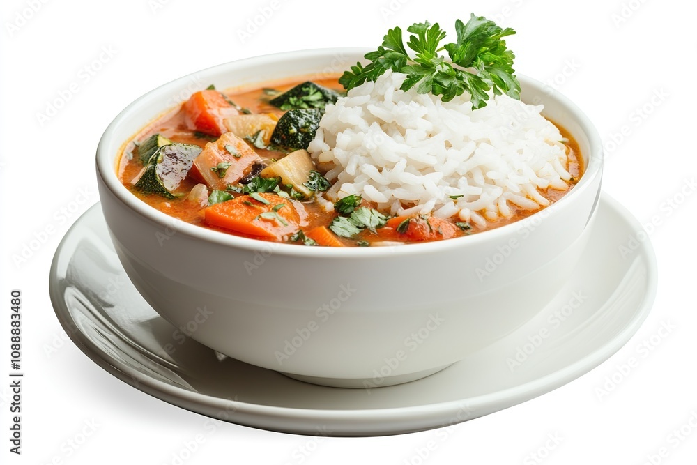 Healthy vegetable soup with rice in a white bowl with saucer. Side view isolated on a white background. Healthy vegetable soup with rice in a white bowl with saucer. Side view isolated on a white background.