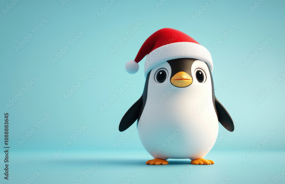 Cute penguin wearing Santa hat, standing against light blue background, evokes joyful holiday spirit. Perfect for festive themes and winter celebrations Cute penguin wearing Santa hat, standing against light blue background, evokes joyful holiday spirit. Perfect for festive themes and winter celebrations