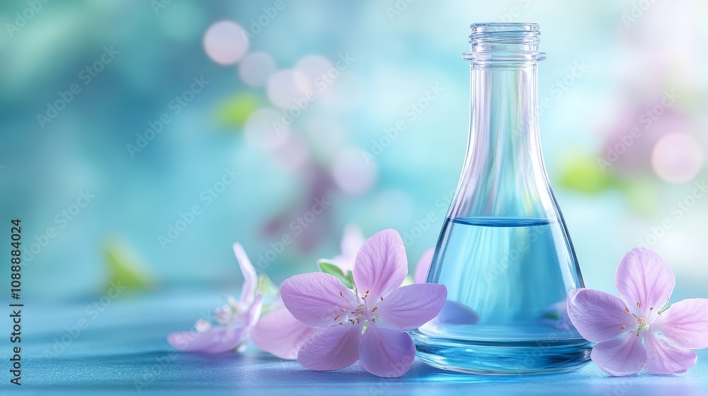 A glass bottle filled with blue liquid surrounded by delicate pink flower on a soft background. A glass bottle filled with blue liquid surrounded by delicate pink flower on a soft background.