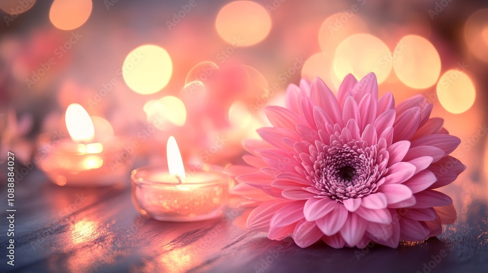 A serene arrangement of a pink flower and candles, creating a calming atmosphere. A serene arrangement of a pink flower and candles, creating a calming atmosphere.