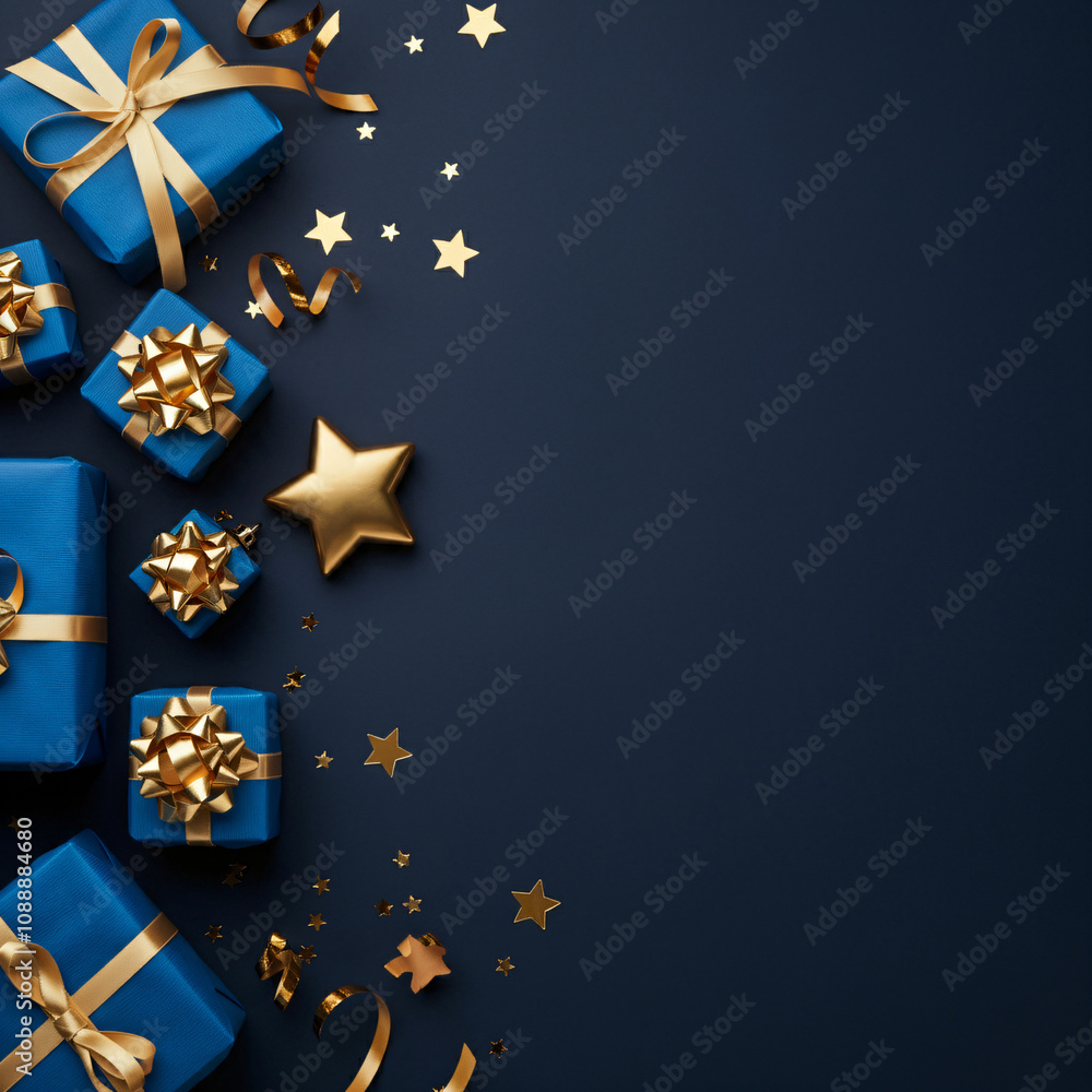 Blue gift boxes with gold ribbons on a dark blue background, scattered with gold stars and ribbons. Blue gift boxes with gold ribbons on a dark blue background, scattered with gold stars and ribbons.