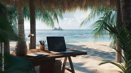 Minimalist desk with a laptop set inside a bamboo hut by the beach surrounded by palm trees