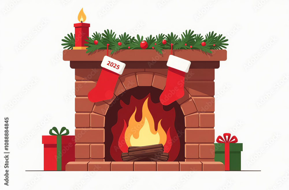 Fototapeta premium Merry Christmas Greeting Card fireplace with fire New Year poscard. AI-generated