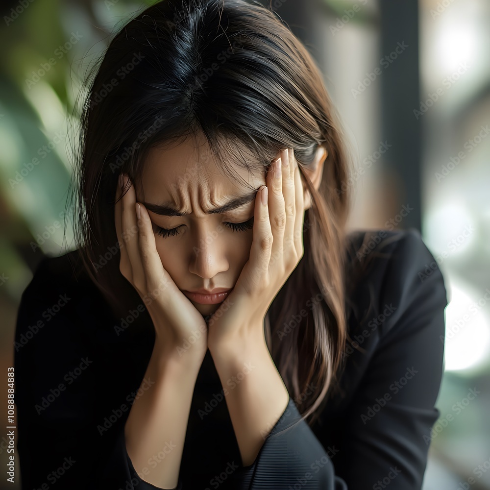 A woman displaying feelings of frustration and stress indoors surrounded by greenery. A woman displaying feelings of frustration and stress indoors surrounded by greenery.