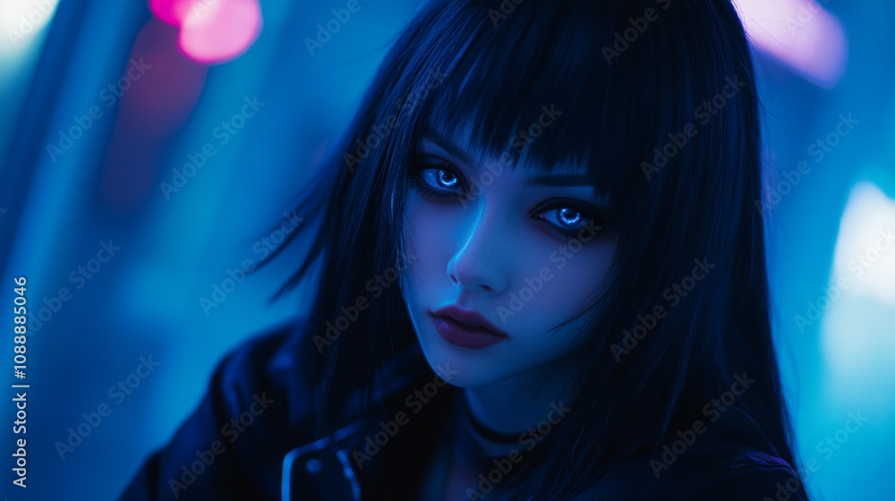 Mysterious figure with striking gaze in a neon-lit urban setting at night Mysterious figure with striking gaze in a neon-lit urban setting at night