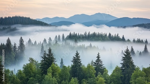 Misty mountain landscape at sunrise, showing layers of fog in a coniferous forest.