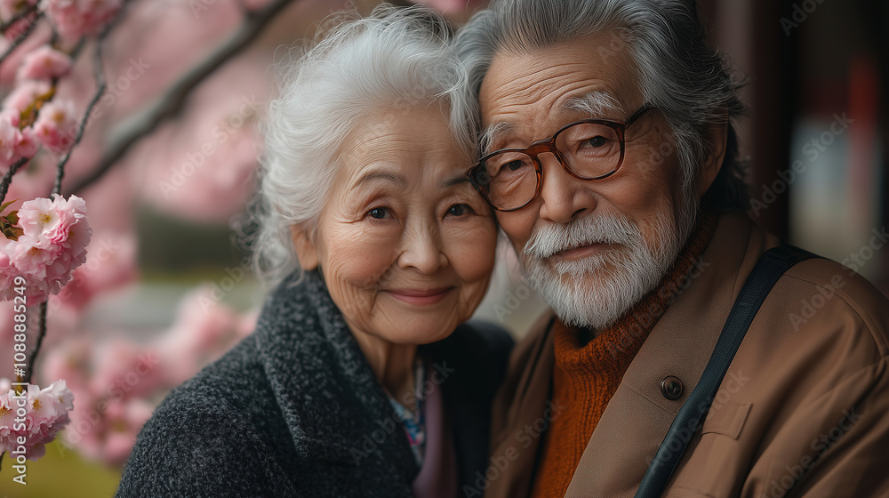 Joyful elderly couple smiling together under blooming cherry blossom trees in a serene garden setting during springtime. Generative AI Joyful elderly couple smiling together under blooming cherry blossom trees in a serene garden setting during springtime. Generative AI
