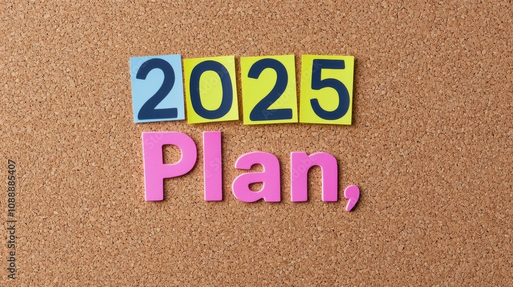 New year plan 2025 and resolutions concept. A colorful corkboard displays the words New year plan 2025 and resolutions concept. A colorful corkboard displays the words
