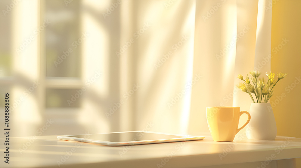 Minimalist desk with a tablet pastel yellow cup and soft light through a window Minimalist desk with a tablet pastel yellow cup and soft light through a window