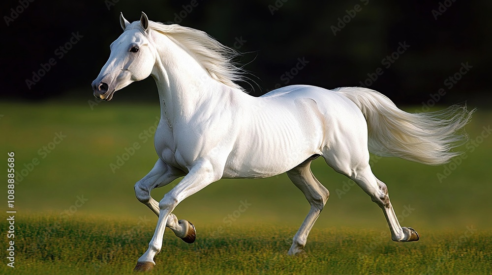 A majestic white horse running gracefully across a lush green field. A majestic white horse running gracefully across a lush green field.