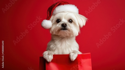 Portrait of White maltese dog holding a shopping bag in its mouth on studio background in christmas day,shopping bags ready for discount and winter sale at the mall,space for text.