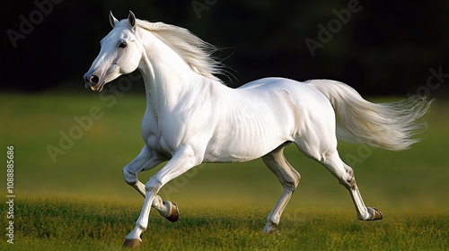 A majestic white horse running gracefully across a lush green field.