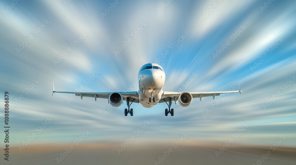 An airplane takes off against a backdrop of dynamic clouds, showcasing speed and flight. An airplane takes off against a backdrop of dynamic clouds, showcasing speed and flight.