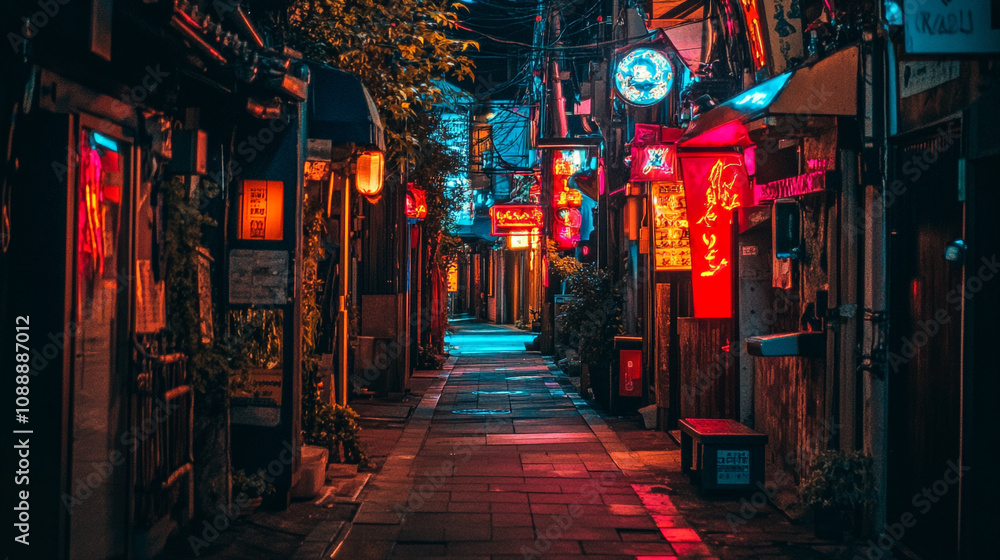 Obraz premium Colorful alleyway illuminated by neon lights in a vibrant urban environment at night