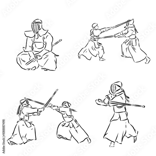 black and white sketch kendo samurai vector
