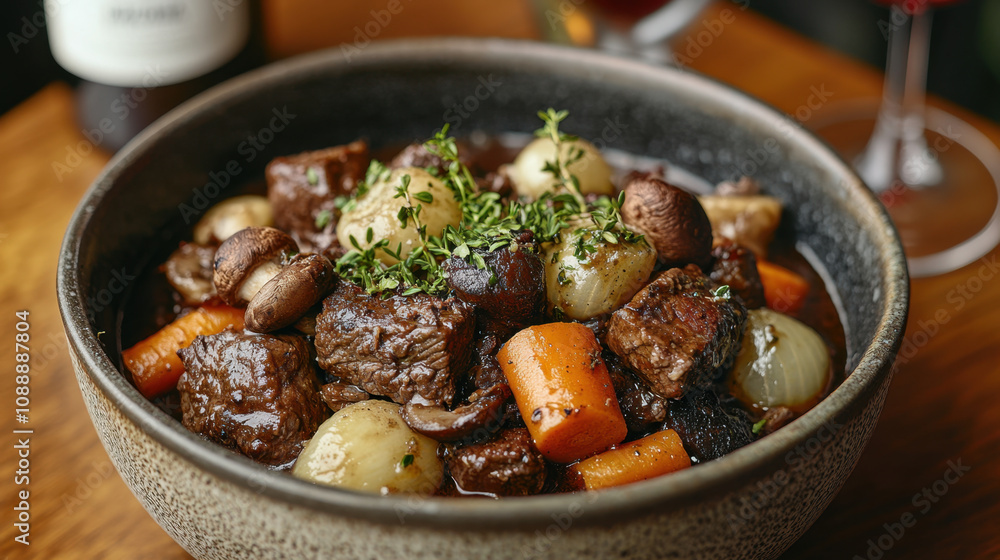 hearty Beef Bourguignon with tender beef, carrots, onions, and mushrooms, garnished with fresh thyme, perfect for comforting meal hearty Beef Bourguignon with tender beef, carrots, onions, and mushrooms, garnished with fresh thyme, perfect for comforting meal