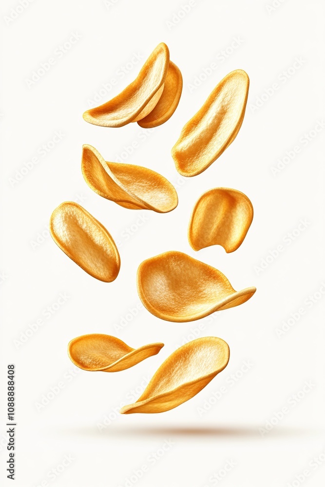 potato chips, flying snacks for food packages. Realistic isolated potato chips in splash form for food advertising white background potato chips, flying snacks for food packages. Realistic isolated potato chips in splash form for food advertising white background