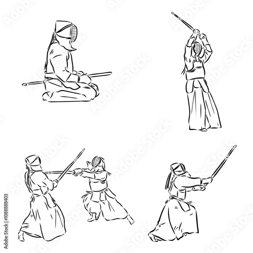 black and white sketch kendo samurai vector