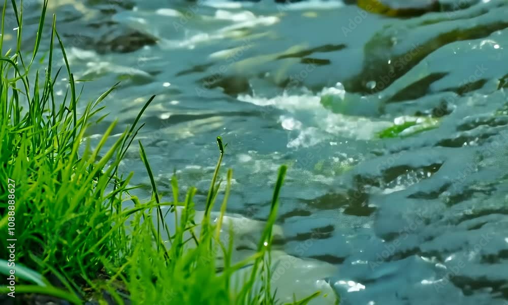 Beautiful spring detailed close up stream of fresh water with young green plants Beautiful spring detailed close up stream of fresh water with young green plants