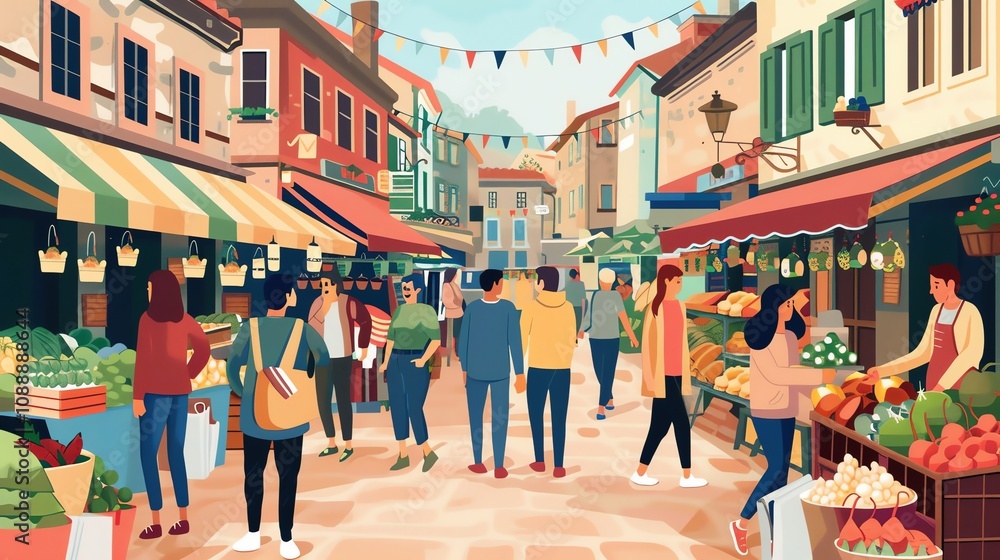 Obraz premium A colorful illustration of an outdoor market in a European town.