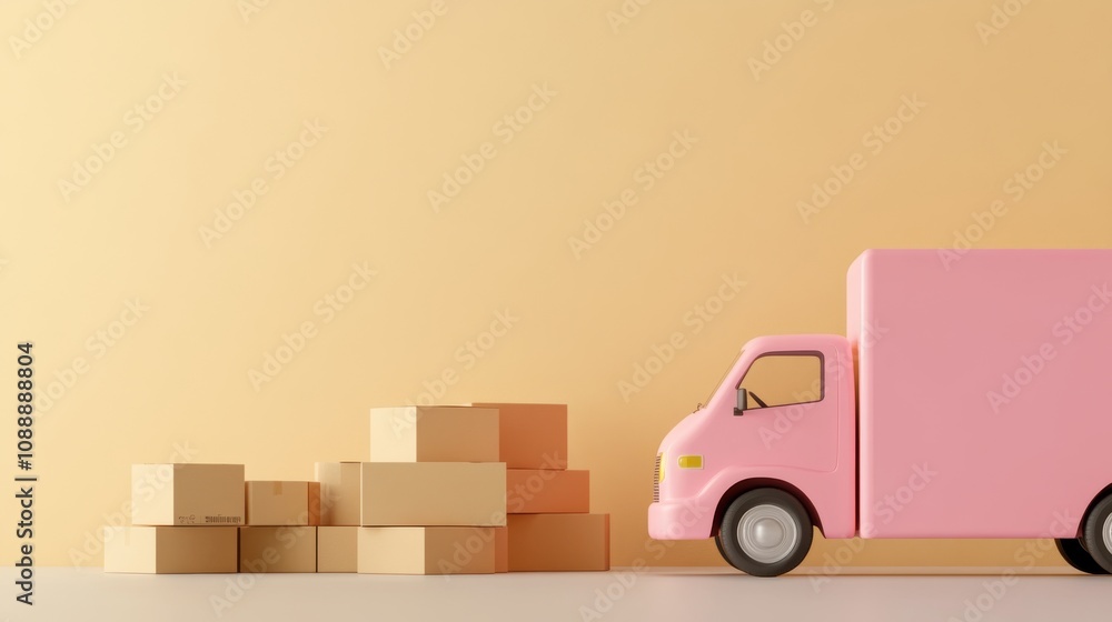 A pink truck with boxes parked on the right side, surrounded by cardboard boxes A pink truck with boxes parked on the right side, surrounded by cardboard boxes