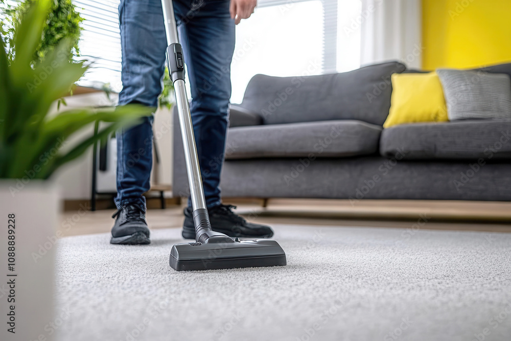 Fototapeta premium close up of Man Vacuuming a Living Room Carpet, Daily Household Cleaning and Maintenance