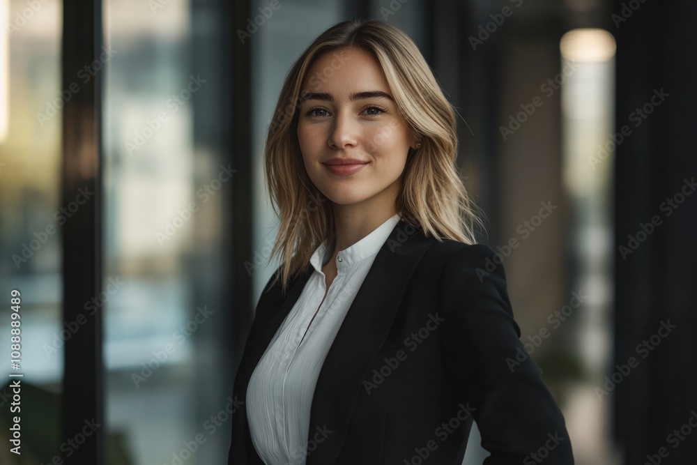 A confident young businesswoman stands proud in a modern office space. She has a friendly smile and wears a stylish black suit. The background is warm and inviting. Generative AI A confident young businesswoman stands proud in a modern office space. She has a friendly smile and wears a stylish black suit. The background is warm and inviting. Generative AI