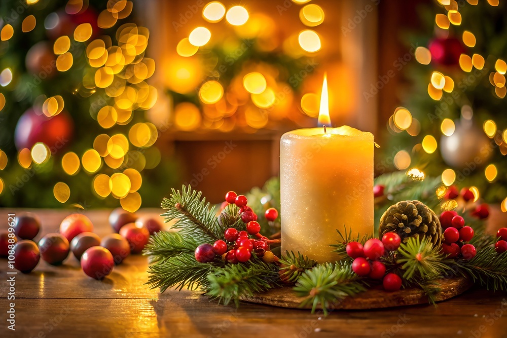 A Christmas candle illuminates the room, adding to the festive spirit. A Christmas candle illuminates the room, adding to the festive spirit.