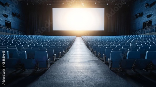 Vast Expansive Cinema Hall with Empty Rows of Red Seats Leading to Brightly Lit Screen at the End, Ideal for Film and Movie Industry Visuals photo