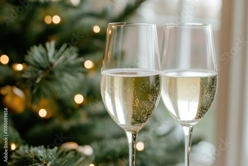 Cheers to festive celebration with sparkling champagne glasses against beautifully decorated Christmas tree, creating warm and joyful atmosphere