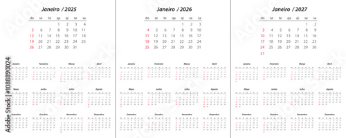 Calendar 2025, calendar 2026, calendar 2027 on portuguese language week start Sunday